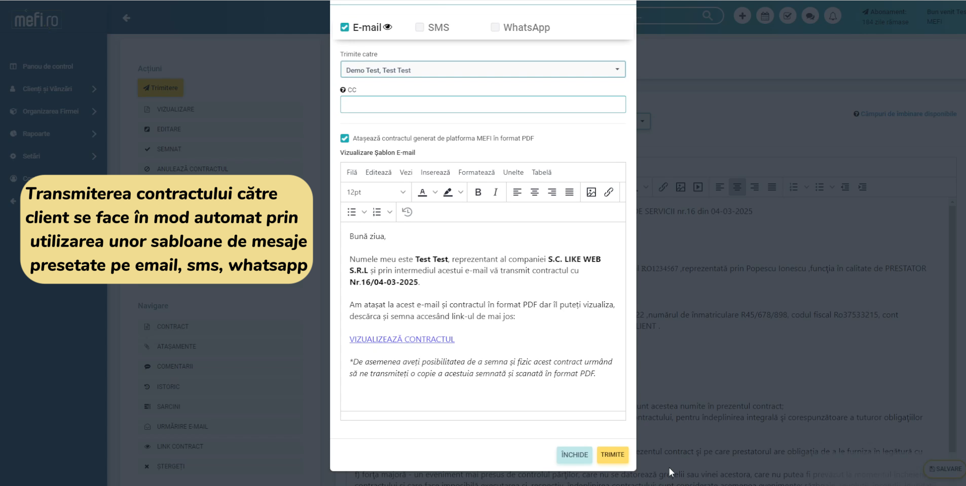 Trimitere document către client pe whatsapp direct din mefi crm