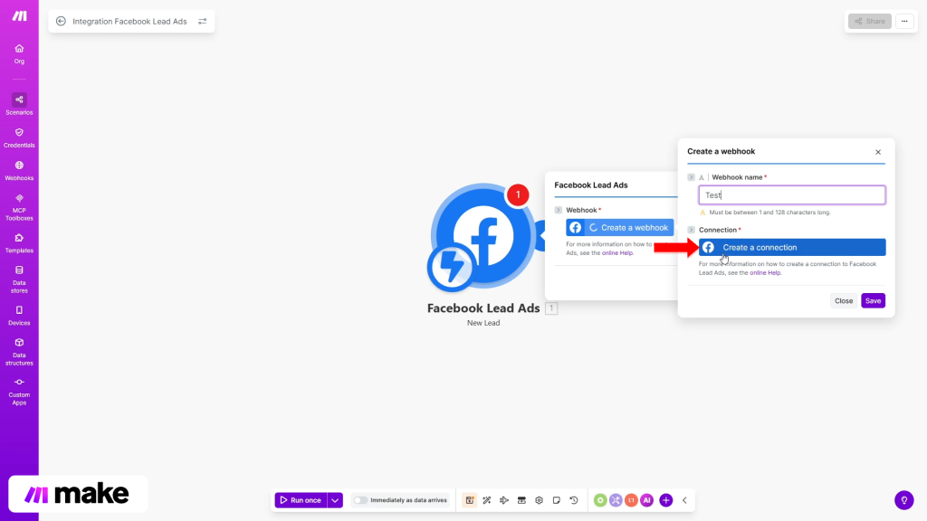 Integrare | Pasul 11 - denumiți webhook-ul și creați o conexiune facebook