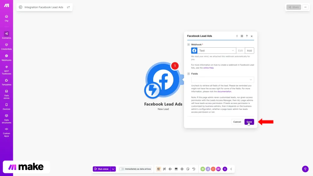 Integrare | Pasul 14 - salvați configurația webhook-ului