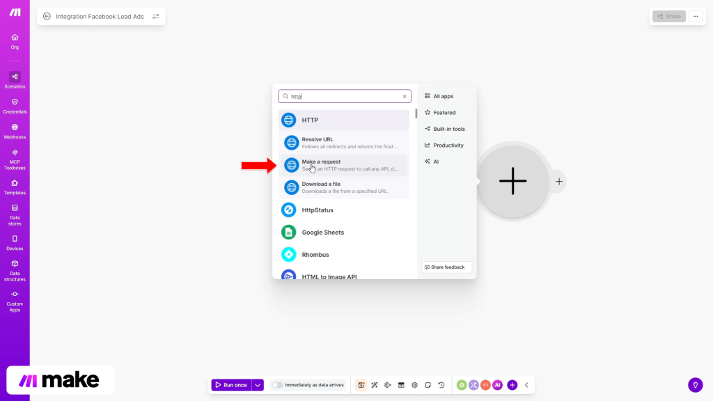 Integrare | Pasul 16 - selectați modulul http – make a request