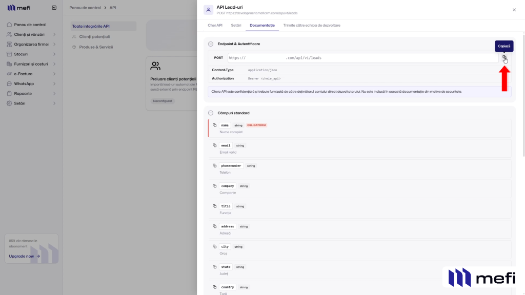 Integrare | Pasul 21 - copiați url-ul endpoint-ului api din mefi