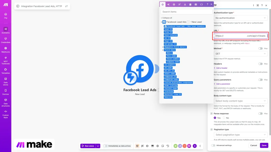 Integrare | Pasul 22 - introduceți url-ul api în câmpul url din make