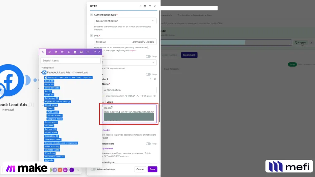 Integrare | Pasul 28 - completați câmpul value cu cheia api bearer