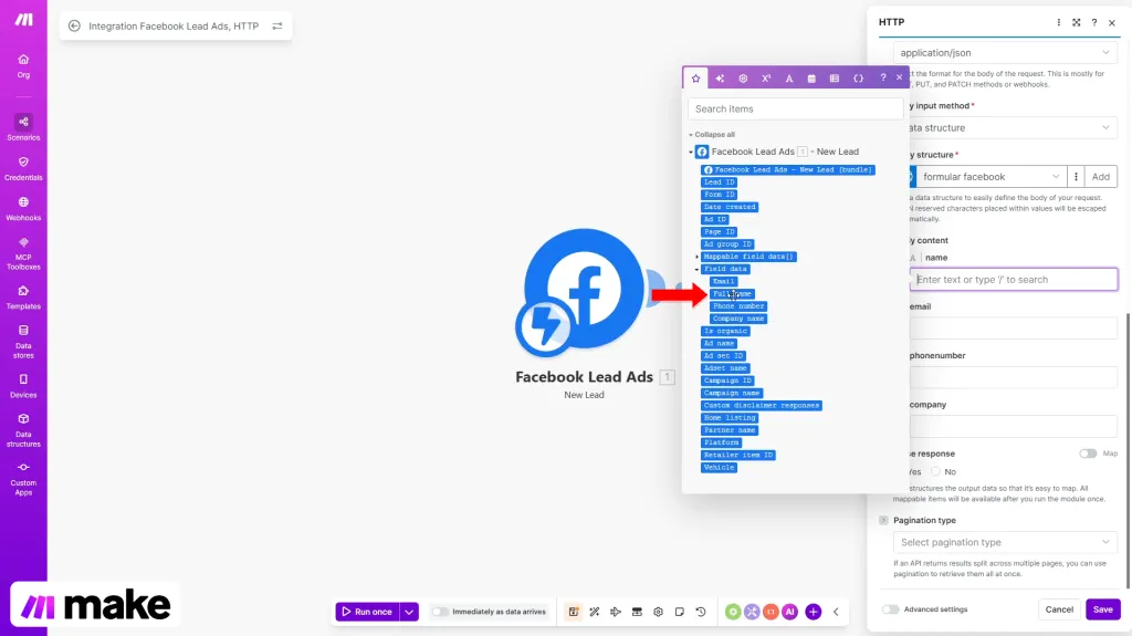Integrare | Pasul 36 - mapați câmpurile variabilelor cu datele din formularul facebook