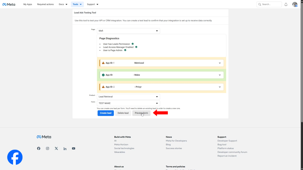 Integrare | Pasul 38 - testați integrarea folosind lead ads testing tool