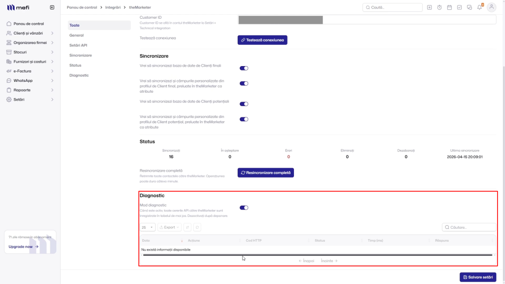 Mefi cu themarketer | Pasul 12 - verificați secțiunea diagnostic