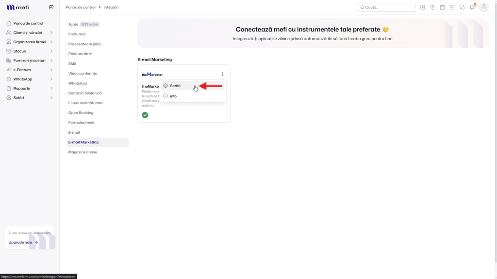 Mefi cu themarketer | Pasul 2 - deschideți setările integrării themarketer