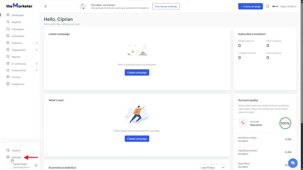 Mefi cu themarketer | Pasul 3 - accesați setările din platforma themarketer