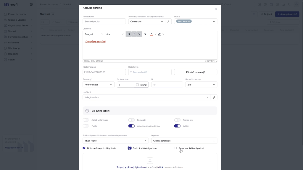 Sarcină | Pasul 3 - completează detaliile șablonului de sarcină