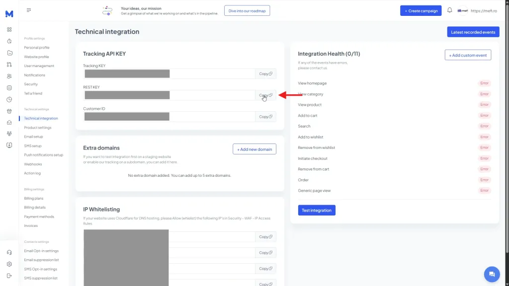 Mefi cu themarketer | Pasul 5 - copiați rest key și customer id