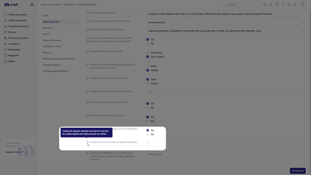 Pasul 5 - stabilește numărul de coloane pentru contacte