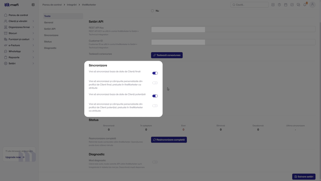 Mefi cu themarketer | Pasul 7 - configurați opțiunile de sincronizare