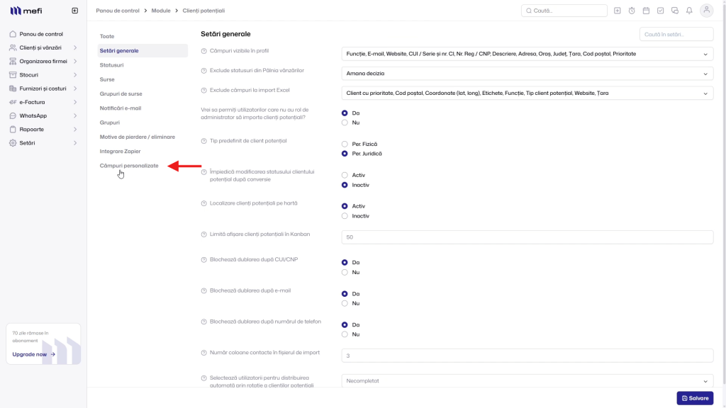 Pasul 7 - accesează secțiunea câmpuri personalizate