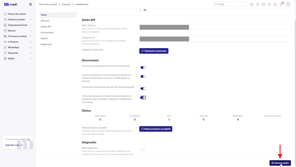 Mefi cu themarketer | Pasul 8 - salvați setările configurate