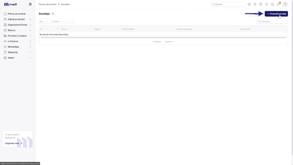 Cum creezi un sondaj | Pasul 2 - cum creezi un sondaj nou în platforma mefi