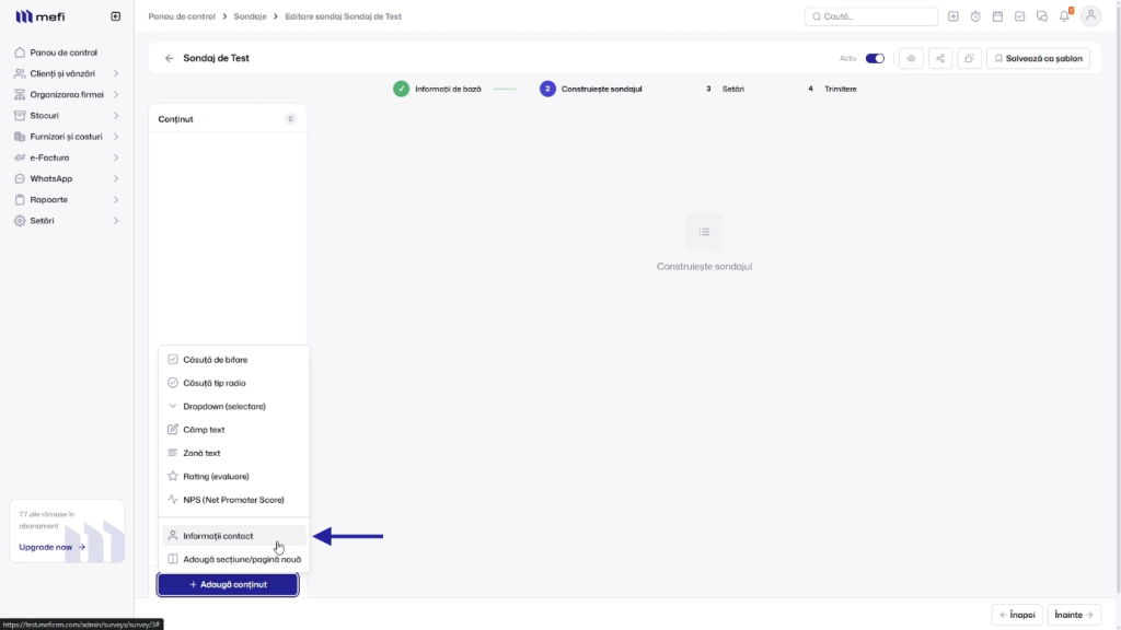 Cum creezi un sondaj | Pasul 5 - adăugați câmpul informații contact