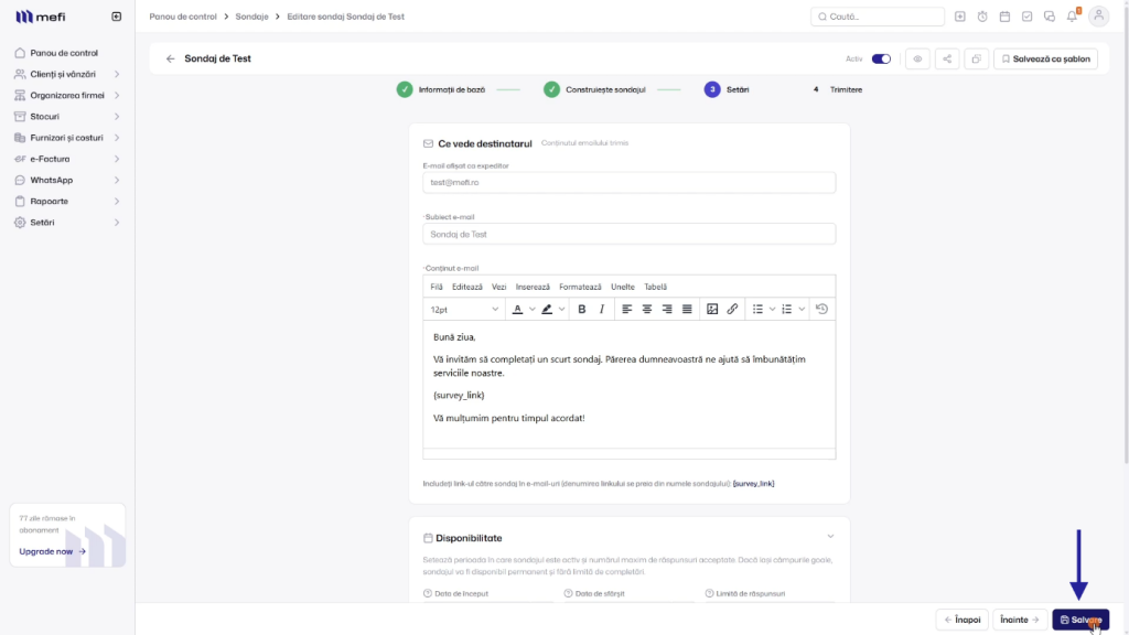 Cum creezi un sondaj | Pasul 9 - configurați setările de trimitere prin e-mail și salvați