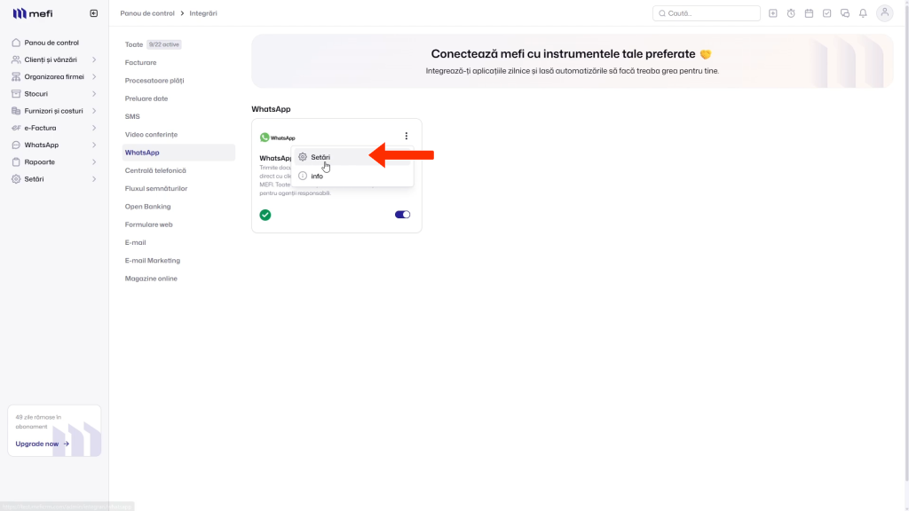 Integrare whatsapp | Pasul 12 - deschizi setările integrării whatsapp