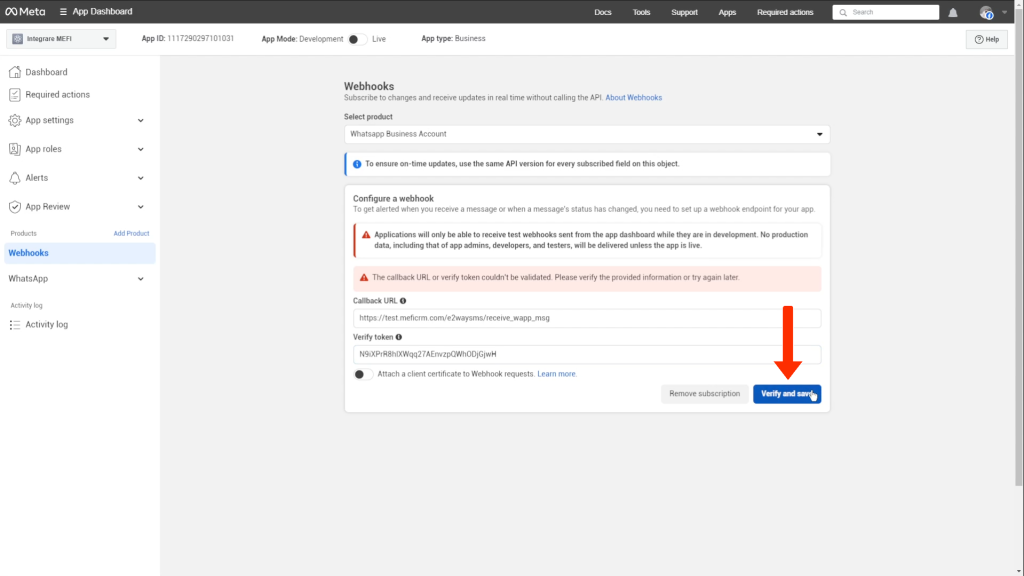 Integrare whatsapp | Pasul 14 - verifici și salvezi webhook-ul în meta developers