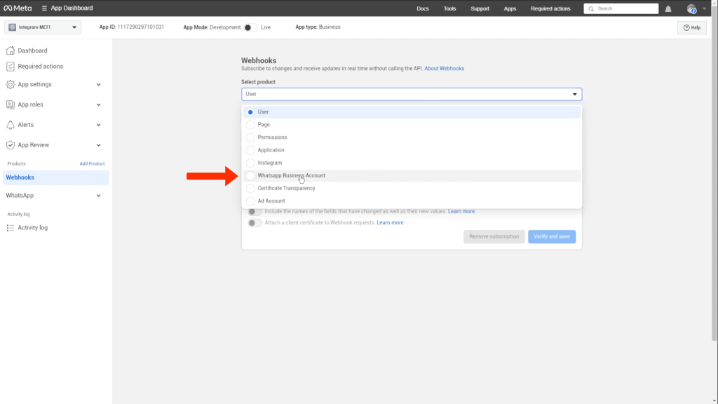 Integrare whatsapp | Pasul 15 - selectezi din nou whatsapp business account