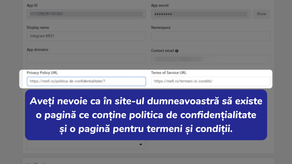 Integrare whatsapp | Pasul 18 - completezi privacy policy url și terms of service url