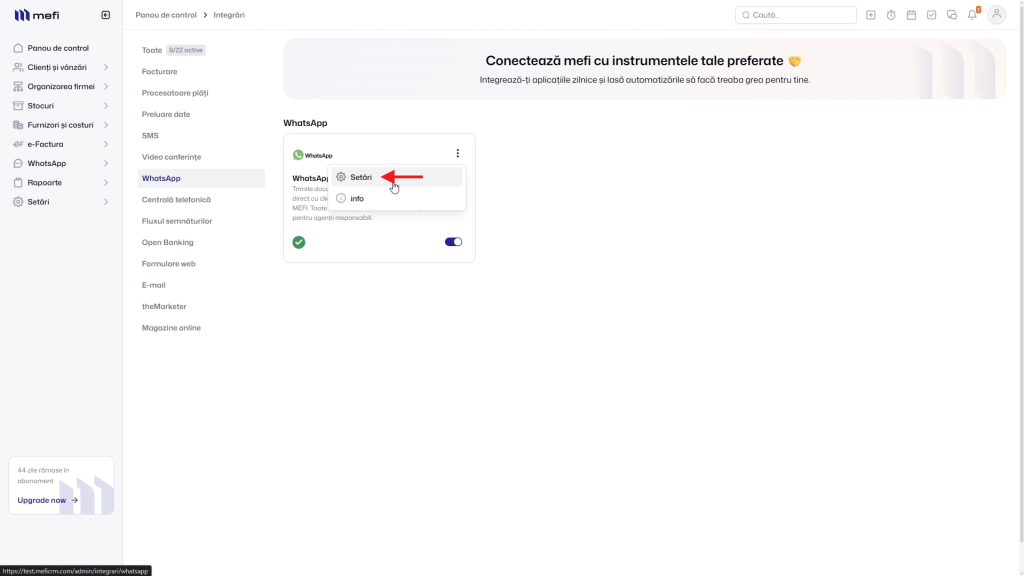 Pasul 2 - deschide setările integrării whatsapp