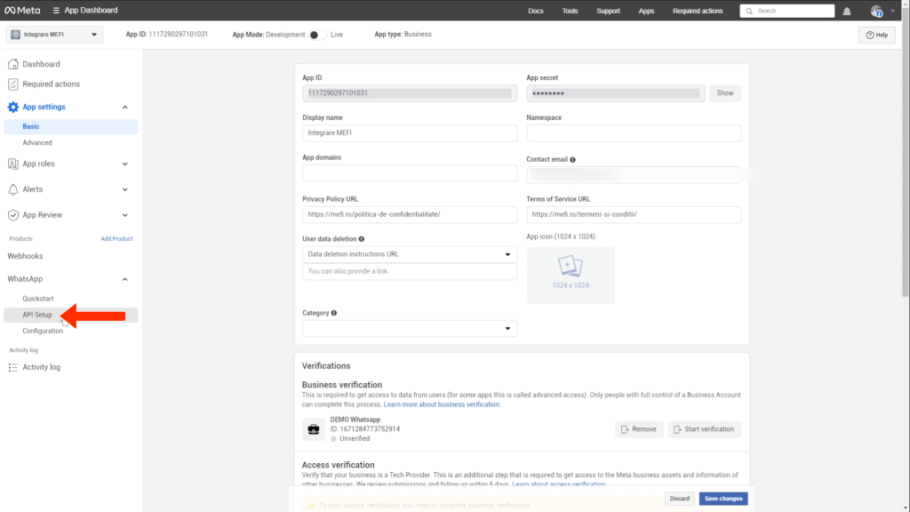 Integrare whatsapp | Pasul 20 - acceseză whatsapp → api setup
