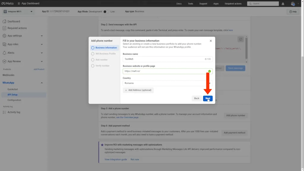 Integrare whatsapp | Pasul 22 - completezi informațiile de business