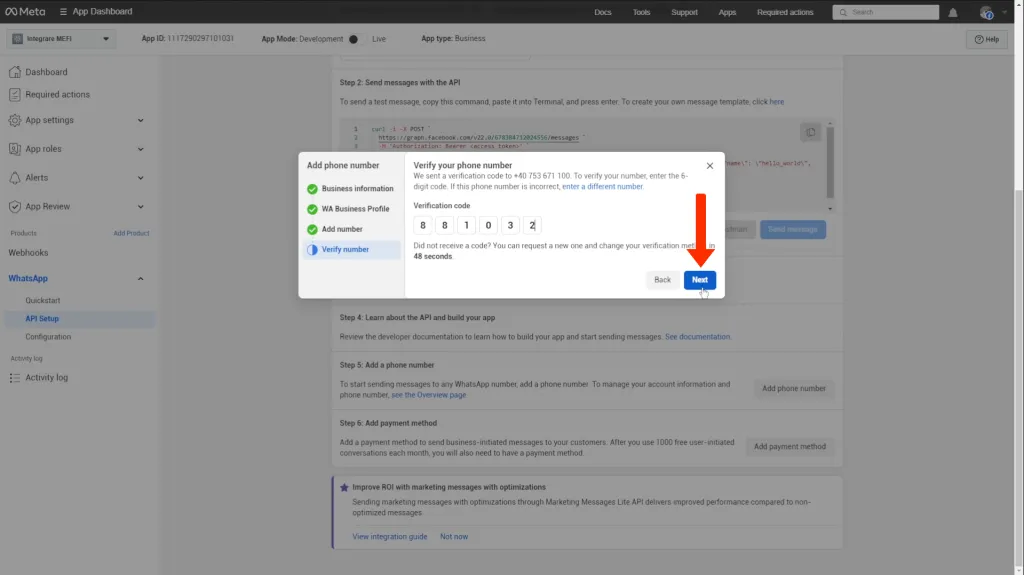 Integrare whatsapp | Pasul 25 - introduci codul de verificare