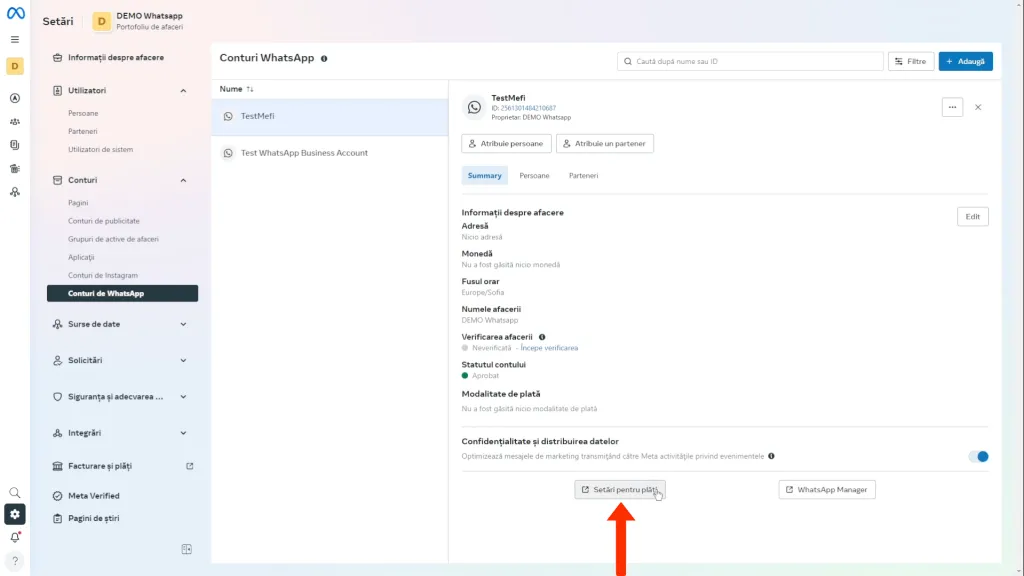 Integrare whatsapp | Pasul 27 - acceseză setările pentru plăți din facebook business