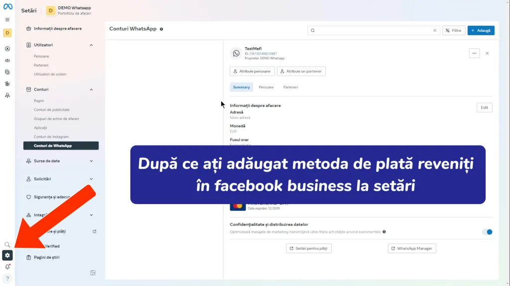 Integrare whatsapp | Pasul 29 - revii la setările facebook business după plată