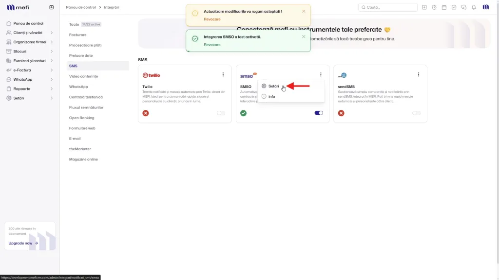 Integrare smso | Pasul 3 - deschide setările integrării smso