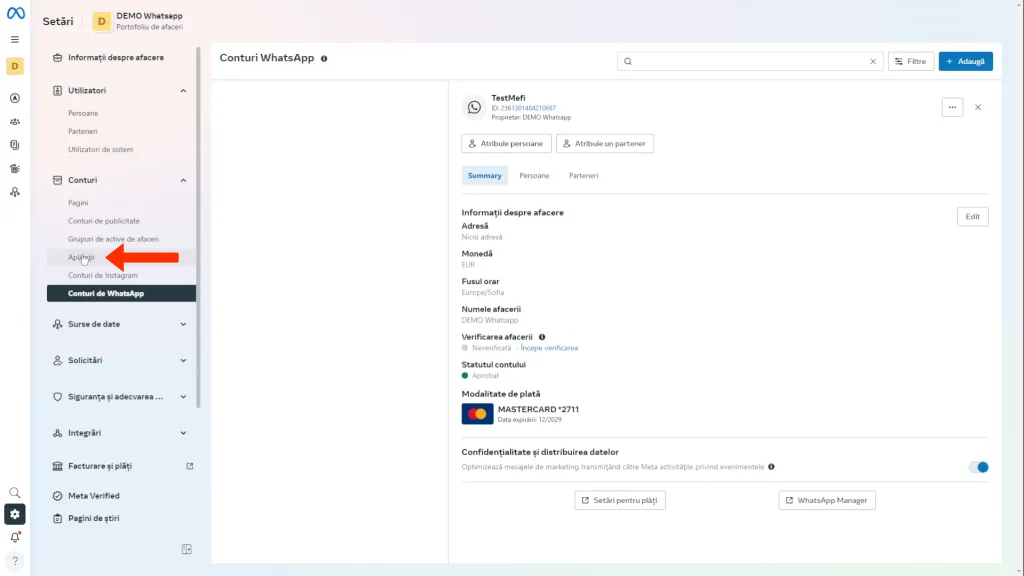 Integrare whatsapp | Pasul 30 - acceseză secțiunea aplicații din facebook business