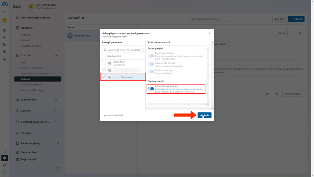 Integrare whatsapp | Pasul 32 - selectezi system user și activezi administrarea