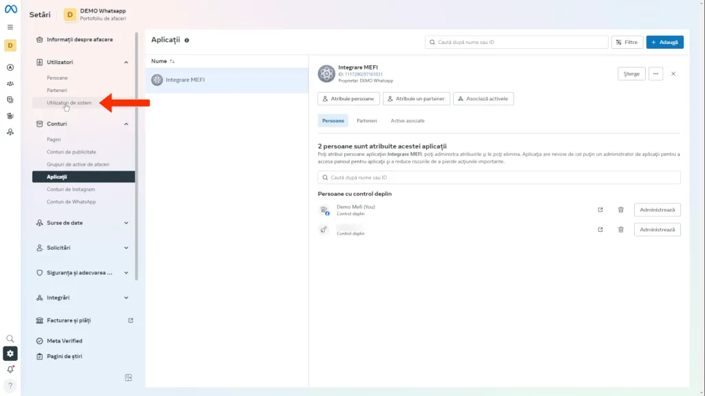 Integrare whatsapp | Pasul 33 - acceseză secțiunea utilizatori de sistem