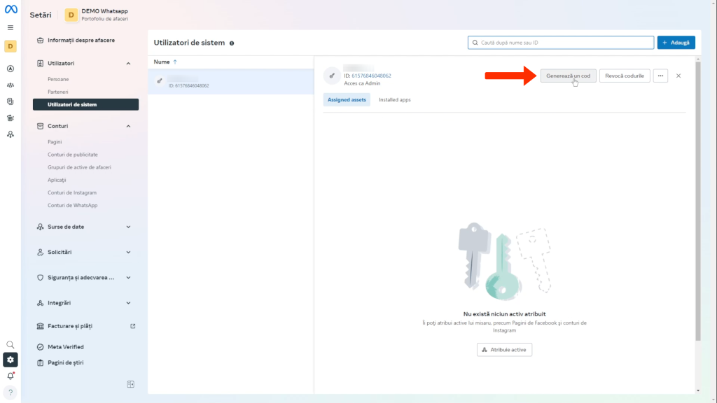 Integrare whatsapp | Pasul 34 - generezi un cod de acces pentru utilizatorul de sistem