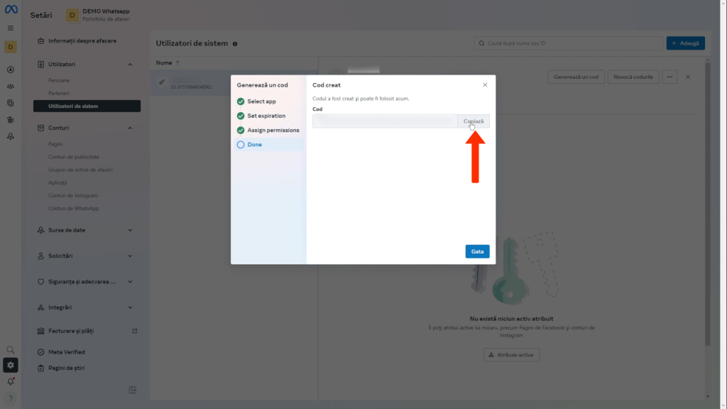 Integrare whatsapp | Pasul 38 - copiezi codul generat