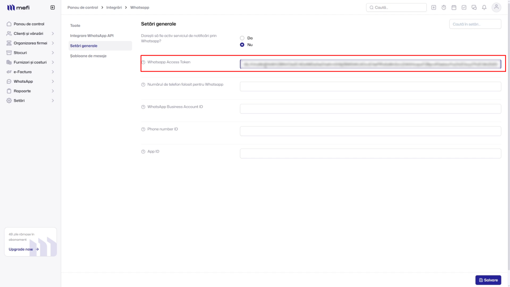 Integrare whatsapp | Pasul 39 - introduci whatsapp access token în mefi