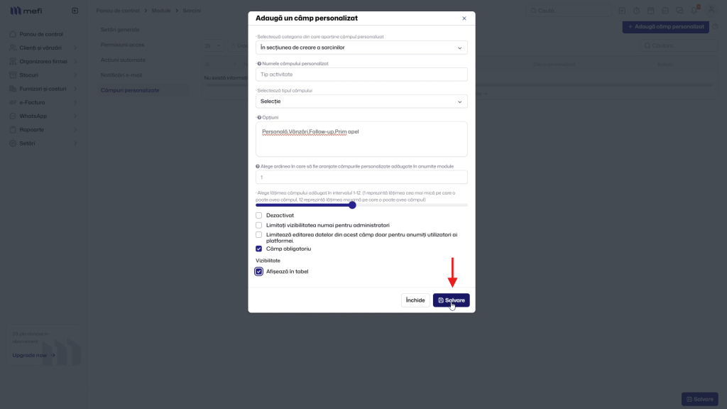 Pasul 4 - completează opțiunile și salvează câmpul personalizat