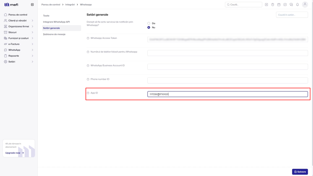 Integrare whatsapp | Pasul 41 - verifici că app id a fost completat în mefi
