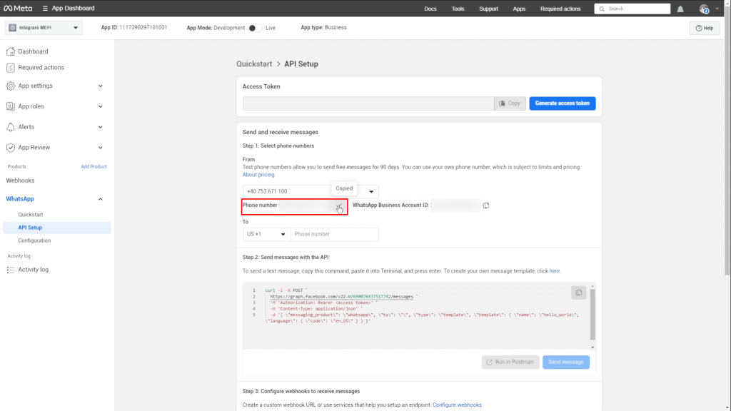 Integrare whatsapp | Pasul 42 - copiezi phone number id din api setup