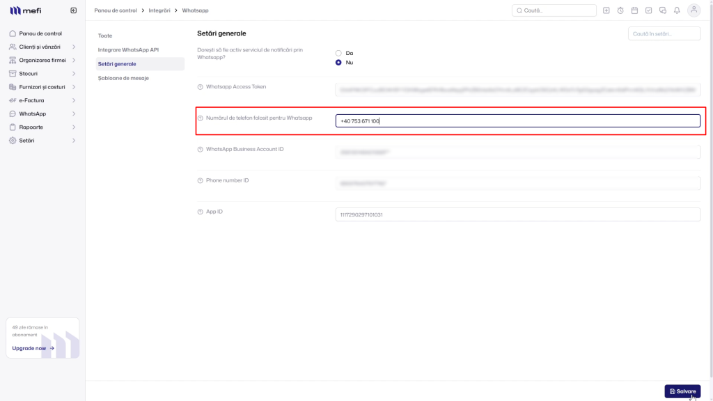 Integrare whatsapp | Pasul 46 - introduci numărul de telefon și salvezi