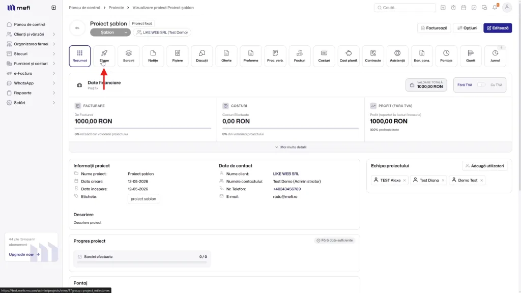 Proiect șablon | Pasul 5 - acceseză tab-ul etape pentru a popula șablonul