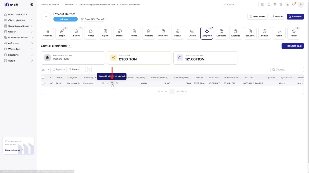 Pasul 6 - convertește costul planificat în cost efectuat