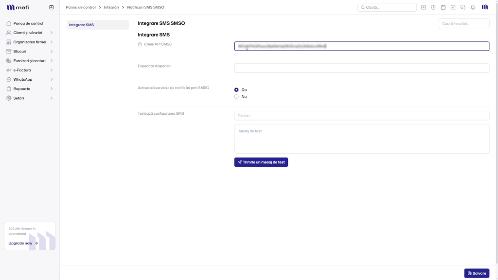 Integrare smso | Pasul 7 - introduce cheia api în mefi
