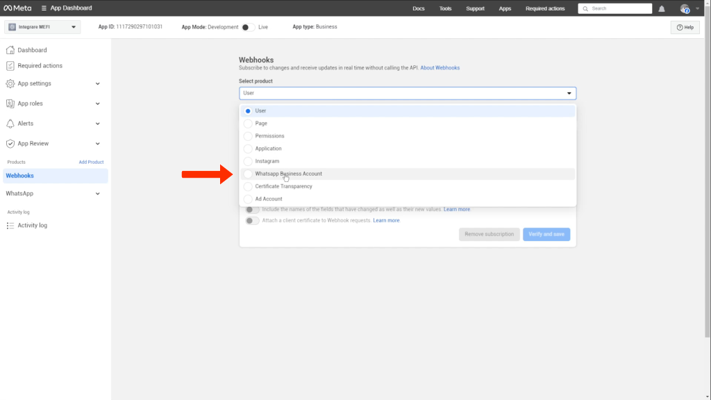 Integrare whatsapp | Pasul 9 - selectezi produsul whatsapp business account