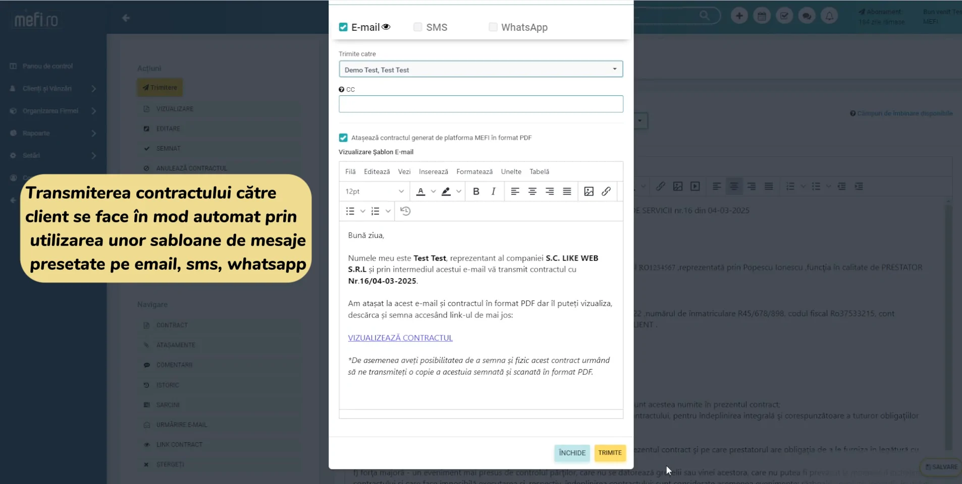 Trimitere document către client pe WhatsApp direct din mefi CRM
